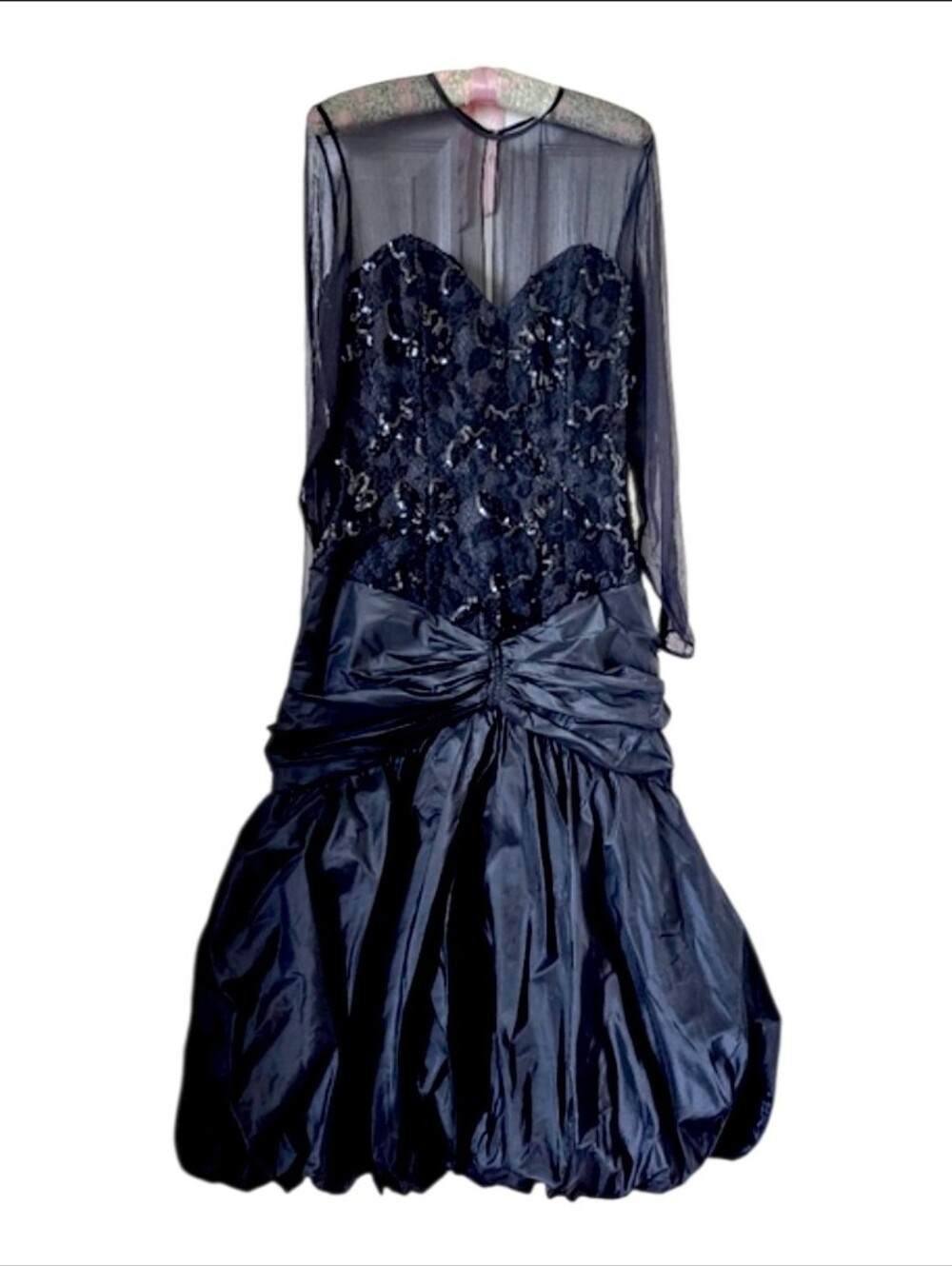 Fabian Molins Neiman Marcus 80s Vintage Silk Sequons Black Long Sleeve Gown Mesh